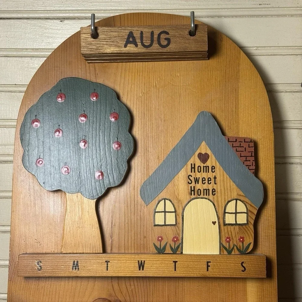 Vintage Wooden Perpetual Wall Calendar Home Sweet Home Folk Art 24